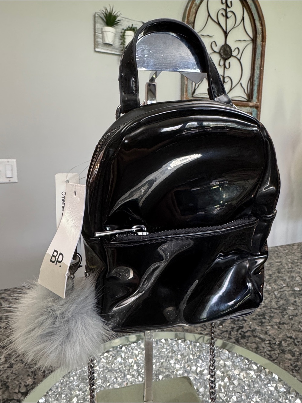 bp Black Patent Mini Backpack Crossbody with Gunmetal Pom NWT